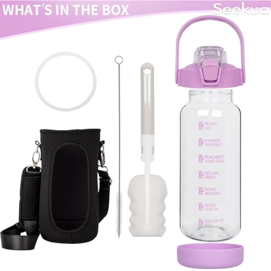 Seekua 2L Glass Water Bottle with Straw | Motivational Time Markings