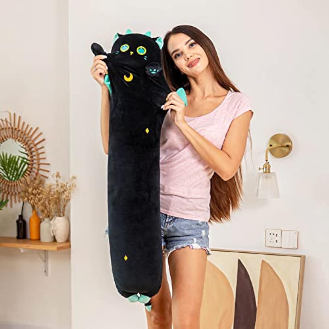 Mewaii 51in Long Cat Plush Body Pillow – Soft Black Kawaii Stuffed Animal