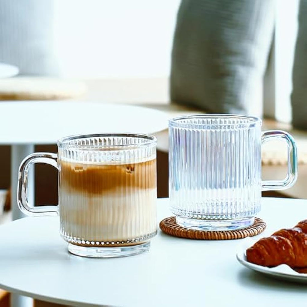 Glass Coffee Mugs – 6 Pack Striped 340ml Tea Cup Set