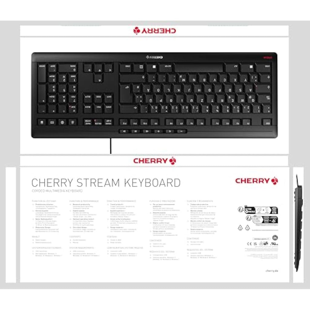 CHERRY STREAM Wired Keyboard – Quiet SX Scissor Keys – Black EU Layout