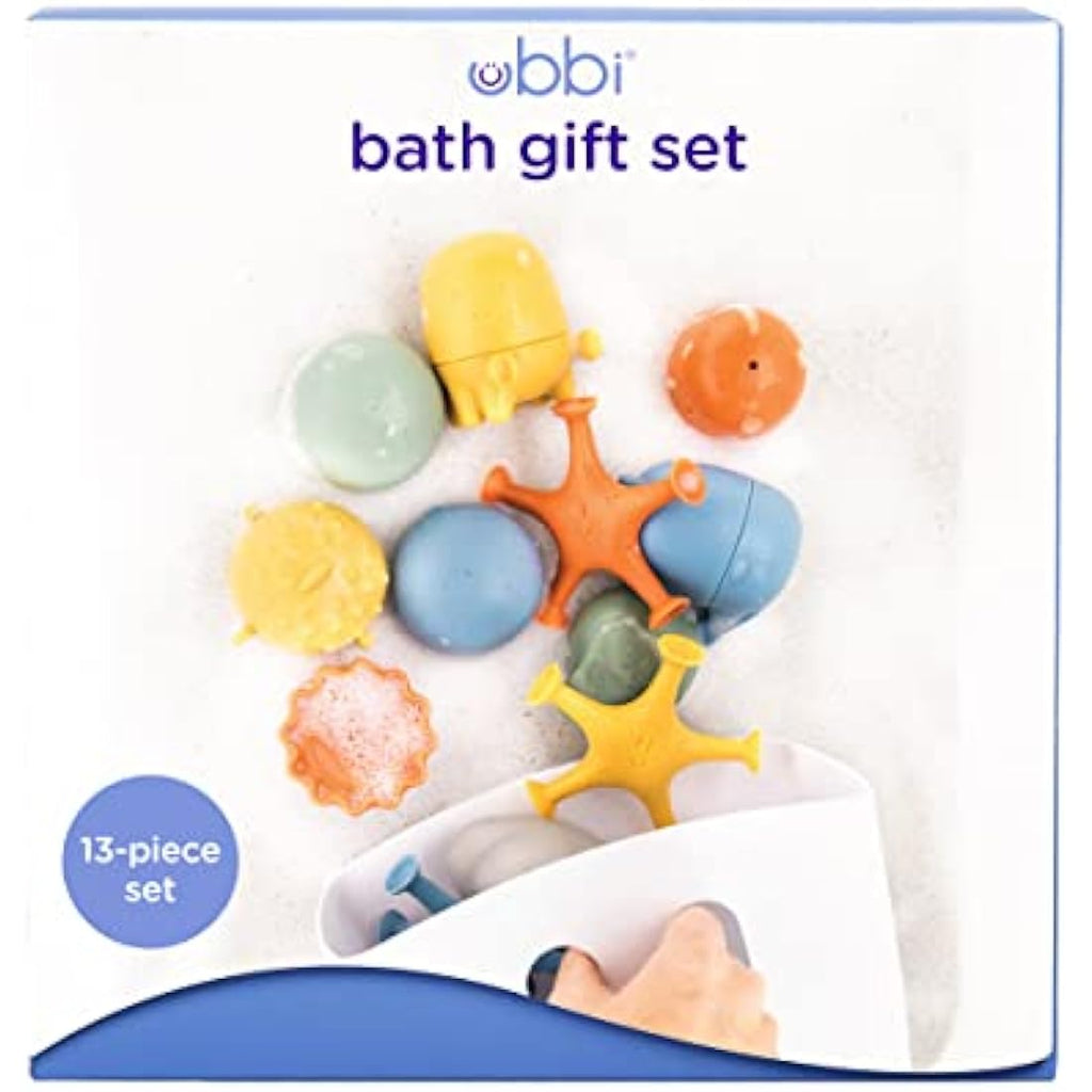 Ubbi Bath Time Essential Gift Set – Drying Bin and 12 Water Toys, Blue