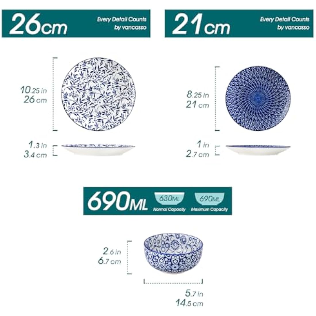 vancasso Selene 18-Piece Blue Floral Porcelain Dinner Set for 6