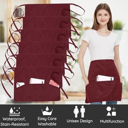 6 Pack Black Waist Apron – Waterproof 3-Pocket Server Apron