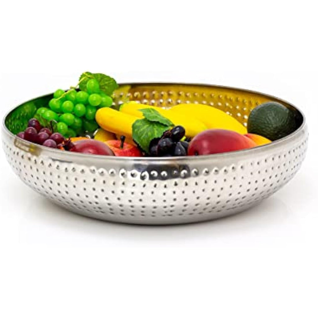 38cm Extra Large Stainless Steel Fruit Bowl | Hammered Silver