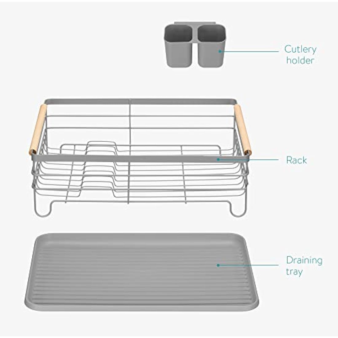Navaris Dish Drainer Rack – Grey Iron with Beechwood Handles and Tray
