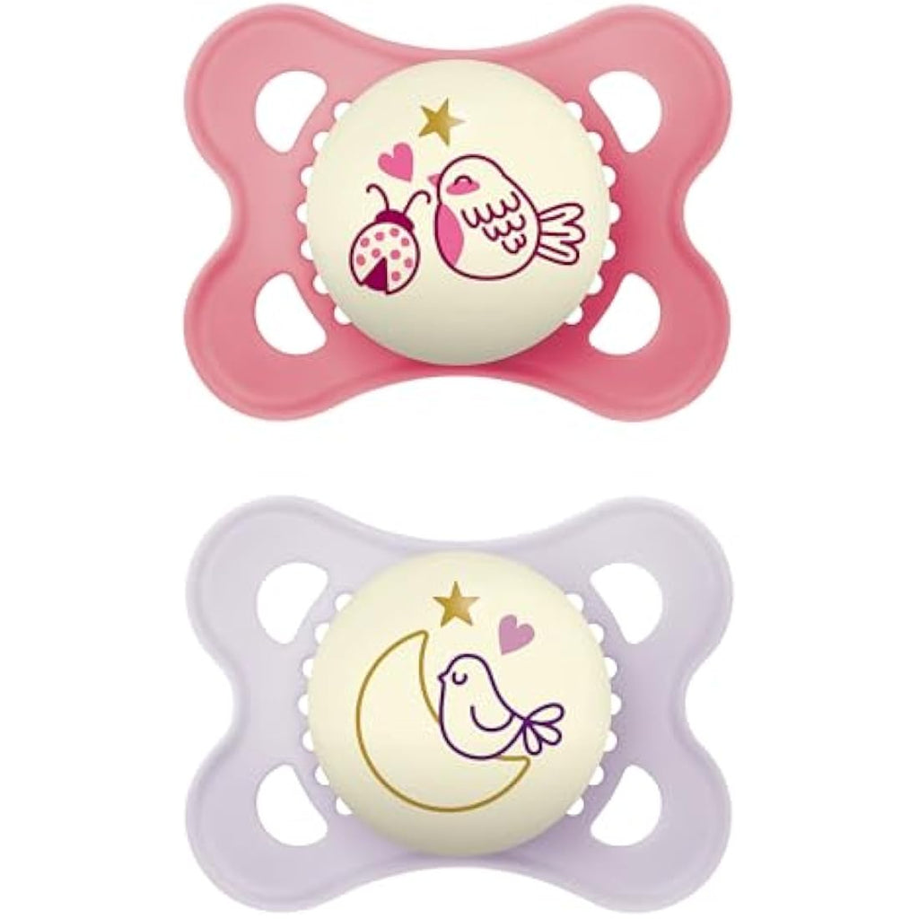 MAM Night Glow in the Dark Silicone Pacifier | Pink, 0-6 Months, 2-Pack