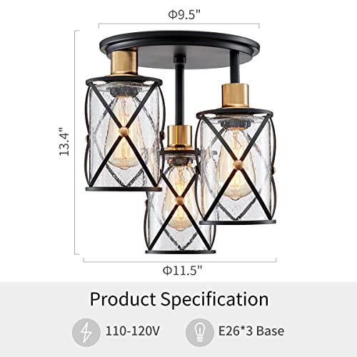 WUZUPS Industrial 3-Light Semi Flushmount Ceiling Light | Seeded Glass