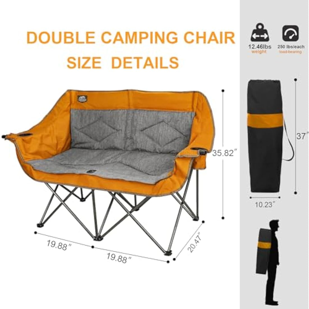 LANMOUNTAIN Folding Camping Loveseat – Heavy Duty Double Chair, Orange