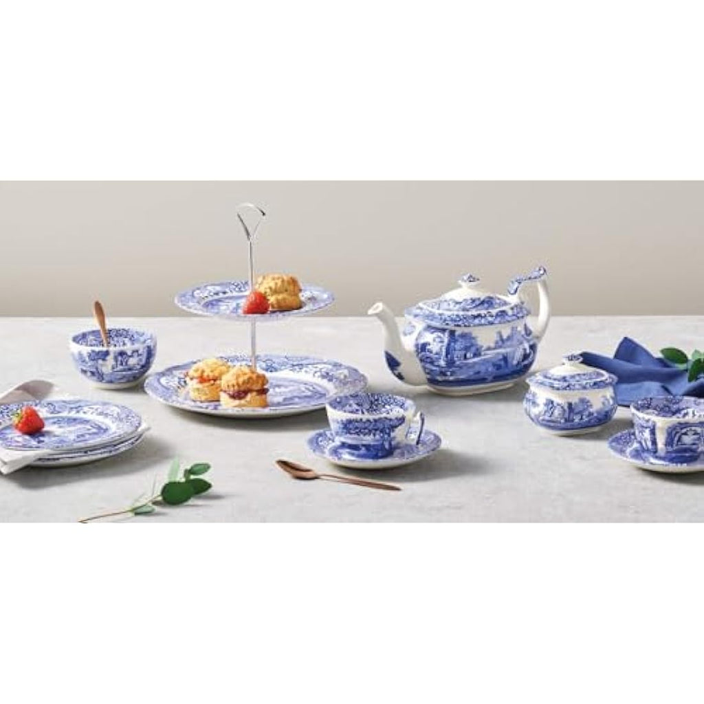 Spode Blue Italian Teacup and Saucer Set – 7oz Ceramic Fine China, 4pc