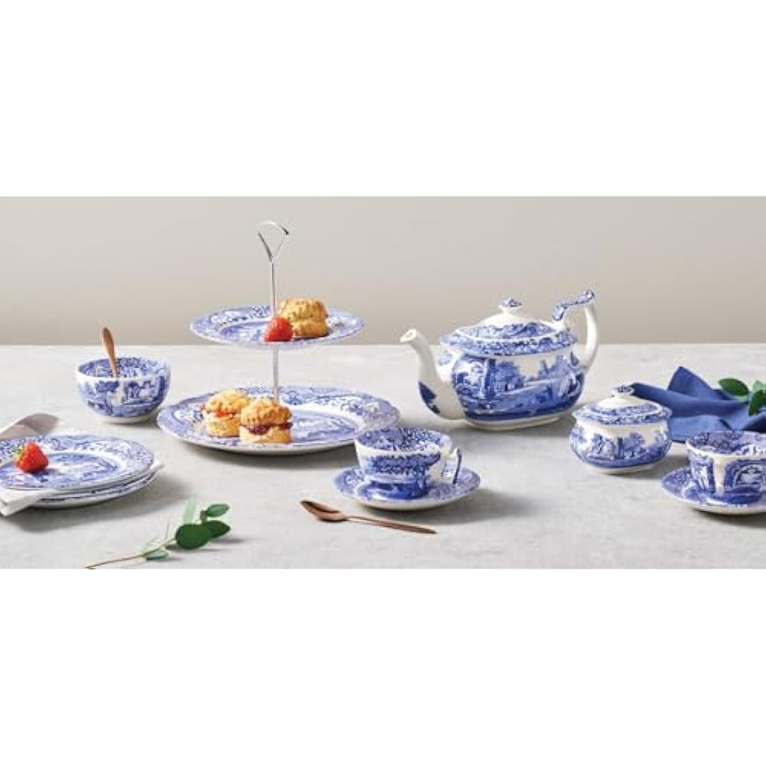 Spode Blue Italian Teacup and Saucer Set – 7oz Ceramic Fine China, 4pc
