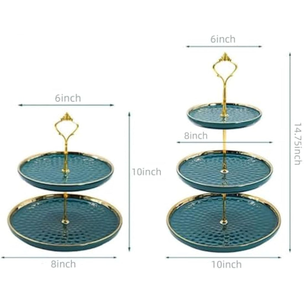 MEETOZ 2-Set Round Porcelain Tiered Cupcake Stand with Gold Rod - Green