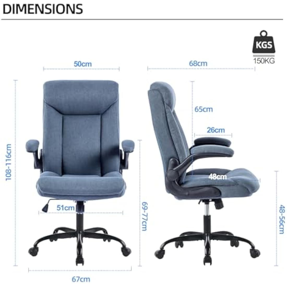 MZLEE Ergonomic Executive Office Chair with Flip-up Armrests - Navy Blue
