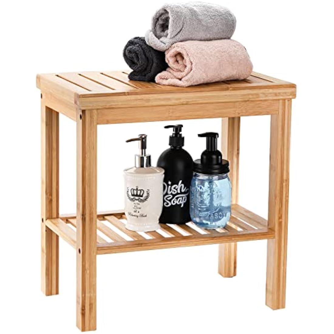 SOUJOY Bamboo Shower Bench - Waterproof Bath Stool with Storage Shelf