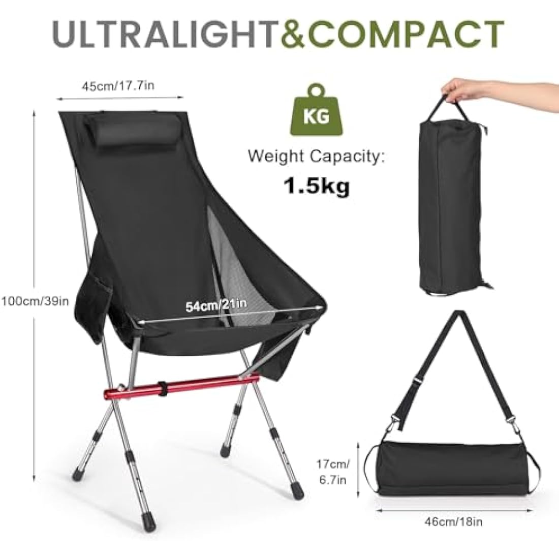 High Back Camping Chair – Adjustable Lightweight Foldable Black