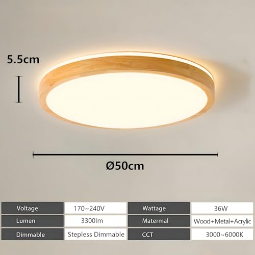 YYUTLUO Wood LED Ceiling Light – 360° Glow Dimmable Round Lamp, 36W