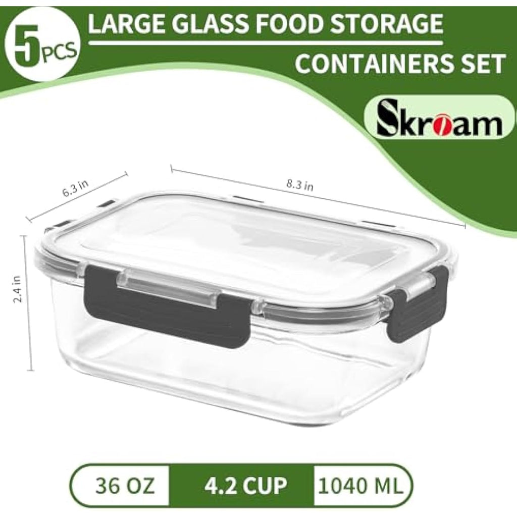 Skroam 5-Pack 36oz Glass Food Storage Containers | Airtight Meal Prep