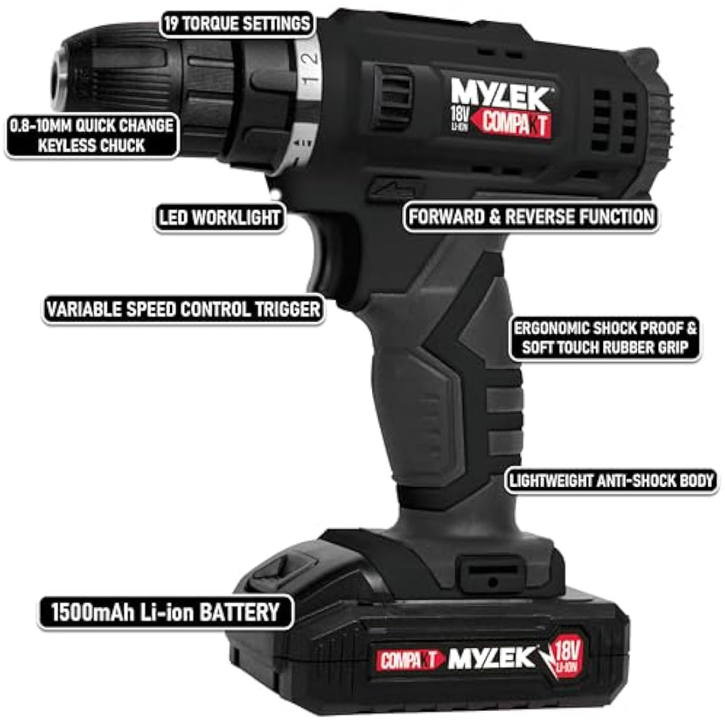 MYLEK 18V Cordless Drill & Electric Screwdriver Set with DIY Kit - Black