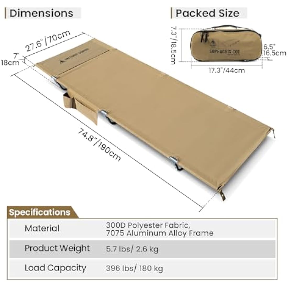 OneTigris SUPRAGRIS Camping Cot | Lightweight 400lbs Folding Bed