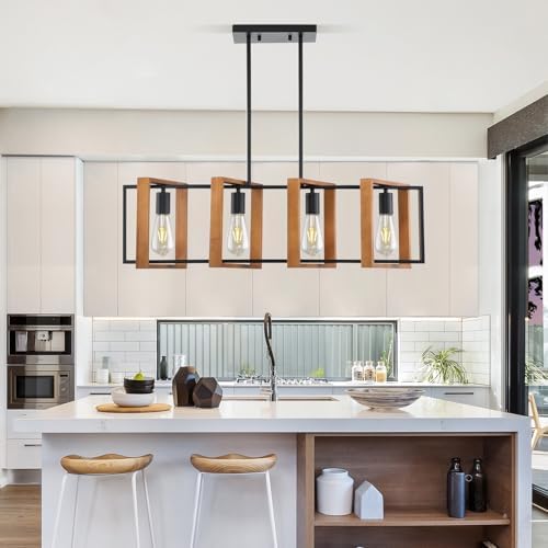 Mikeru Farmhouse Pendant Light | 4-Light Black Metal & Wood Chandelier