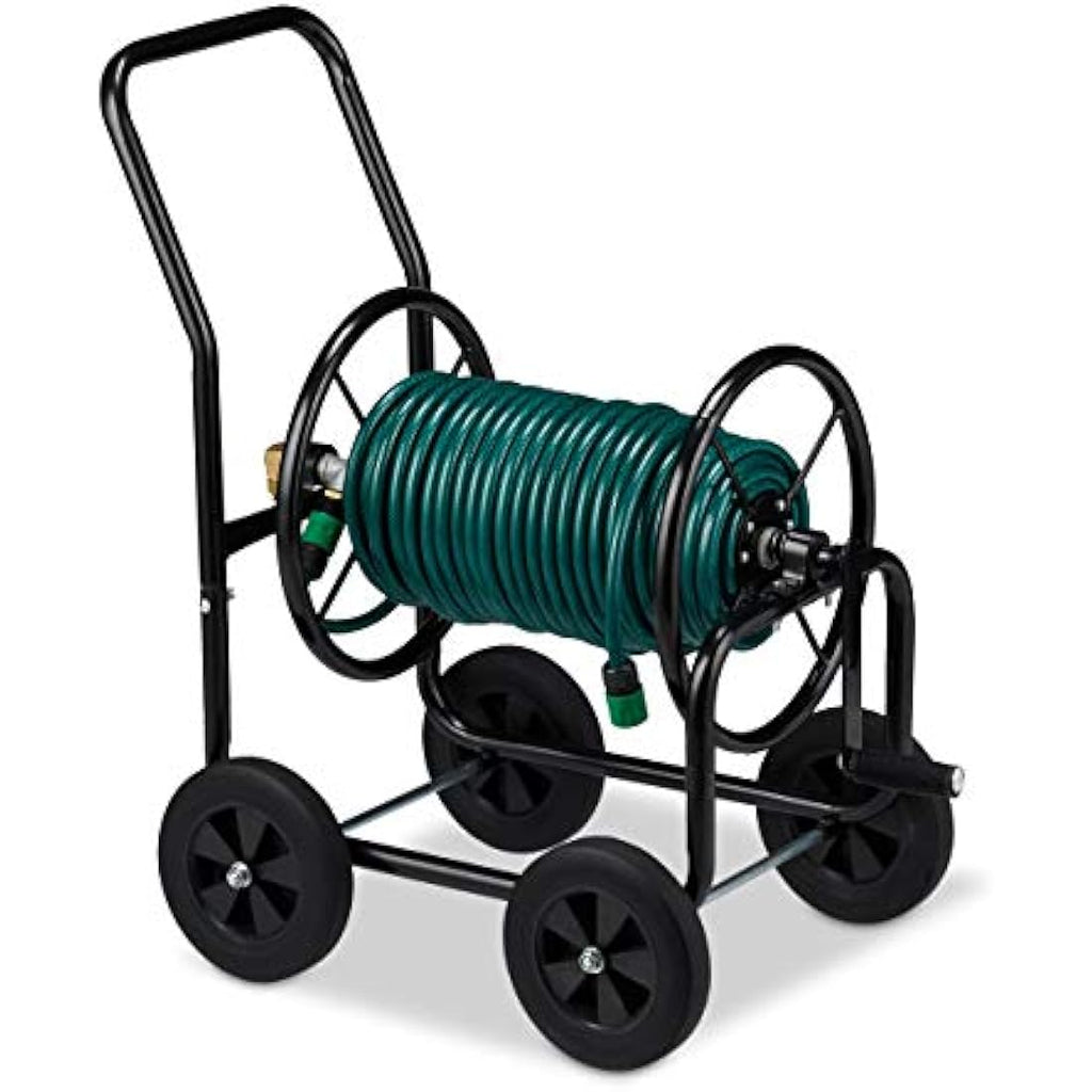 Relaxdays Metal Garden Hose Cart – 4-Wheel Mobile Reel for 60m Hose