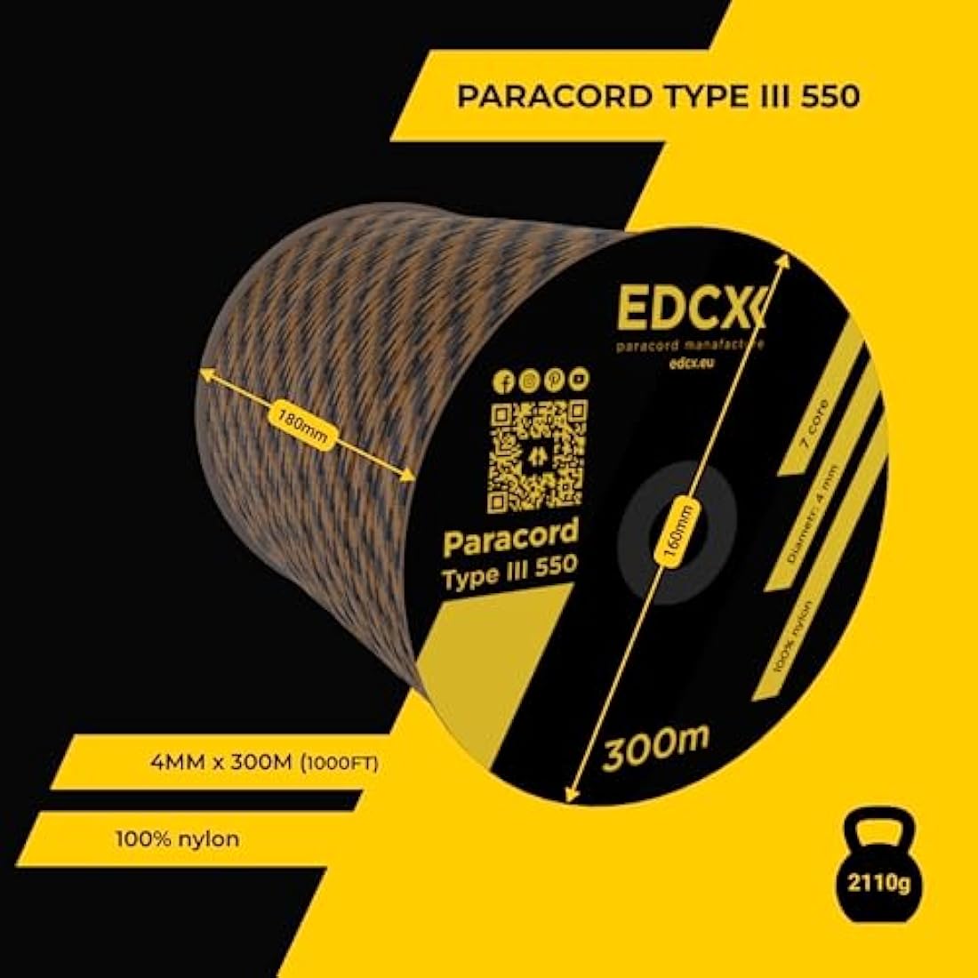EDCX 550 Paracord – 4mm 7-Strand Nylon Rope for Camping and DIY
