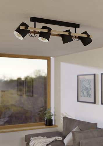 Eglo Hornwood 4-Light Ceiling Light | Black Metal & Natural Wood