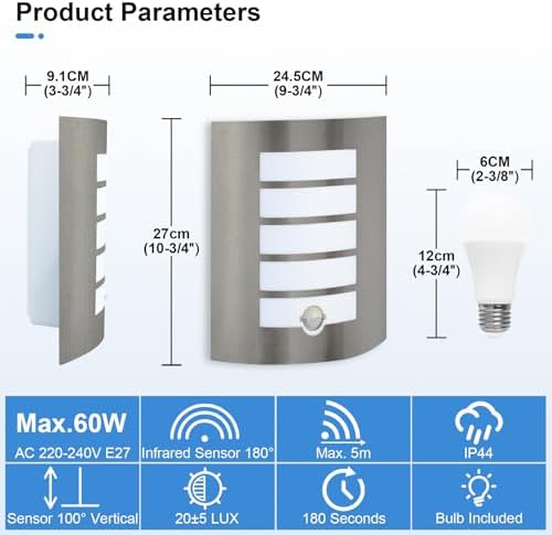 Allesgute Outdoor Wall Light with PIR Motion Sensor | IP44 Stainless Steel