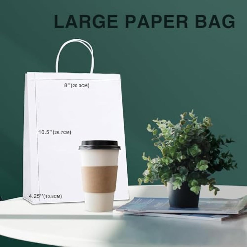 Switory White Kraft Paper Gift Bags with Handles - 100 Pack, 8x4.75x10.5"