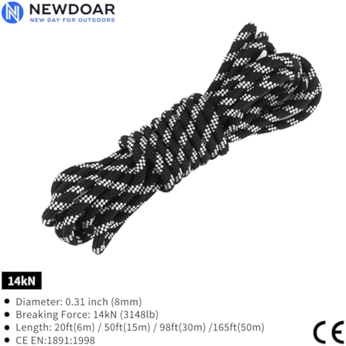 NewDoar 10mm Static Accessory Cord – 18KN High Strength Double Braid Rope
