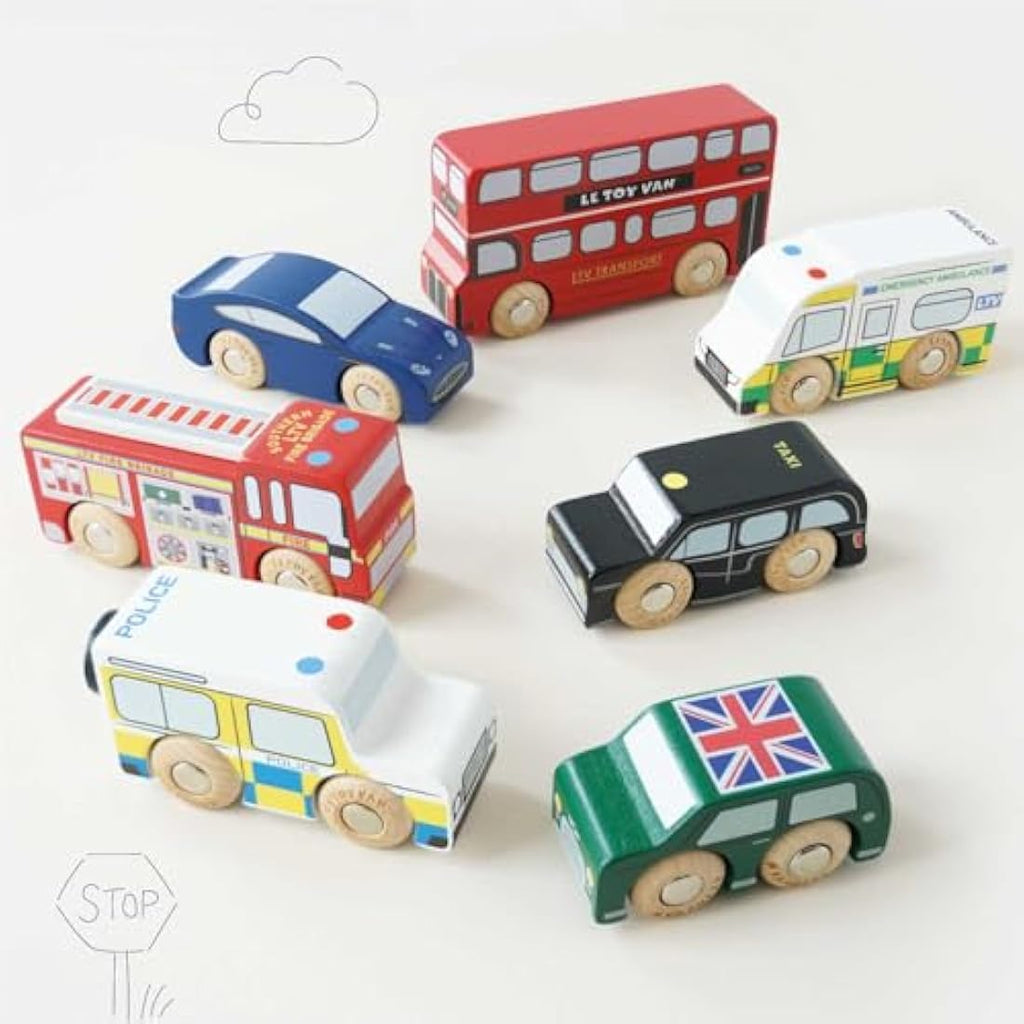Le Toy Van London Wooden Toy Car Set – 7 Piece Iconic Vehicle Play Set