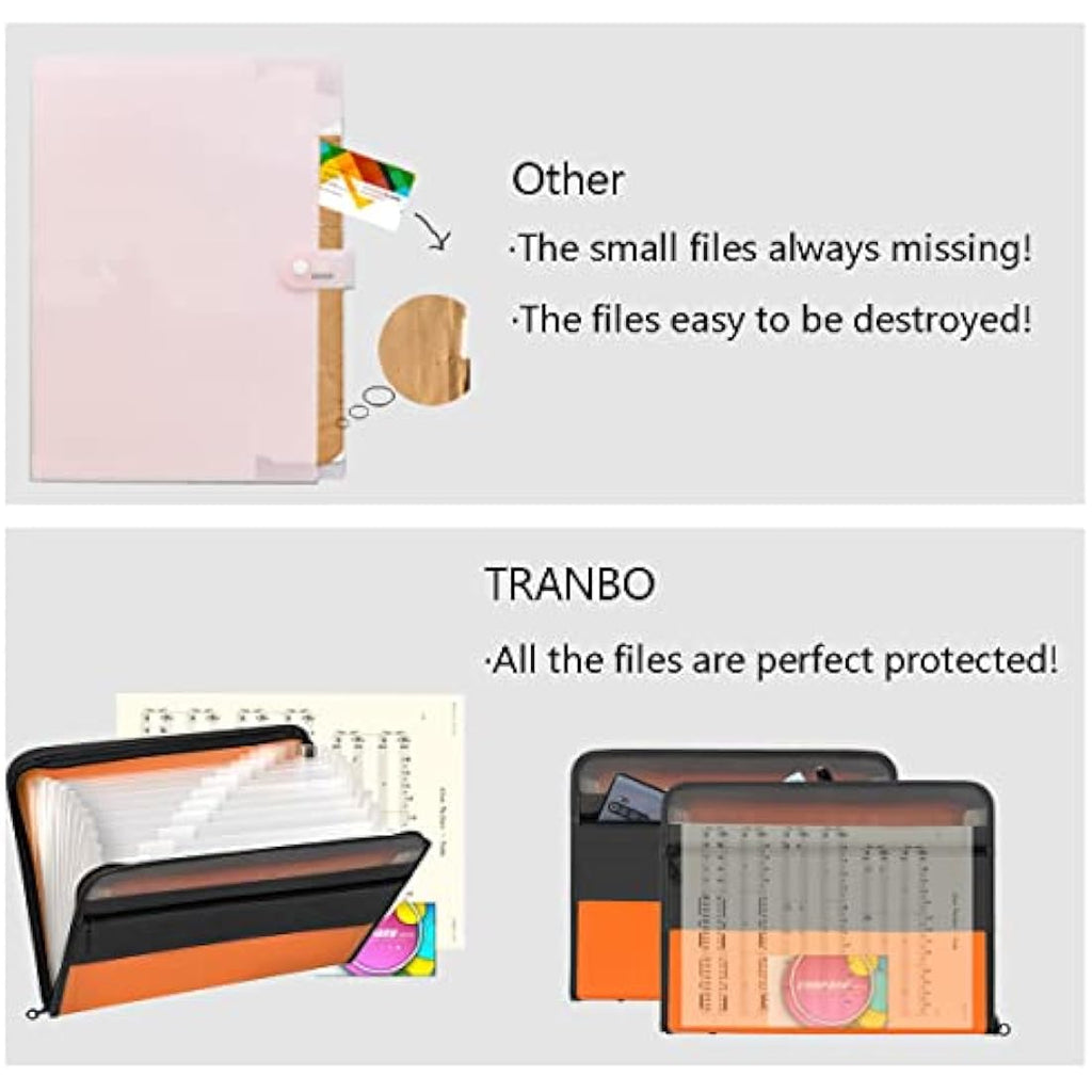 Tranbo 13 Pockets Expanding File Folder | A4 Zippered Document Organizer