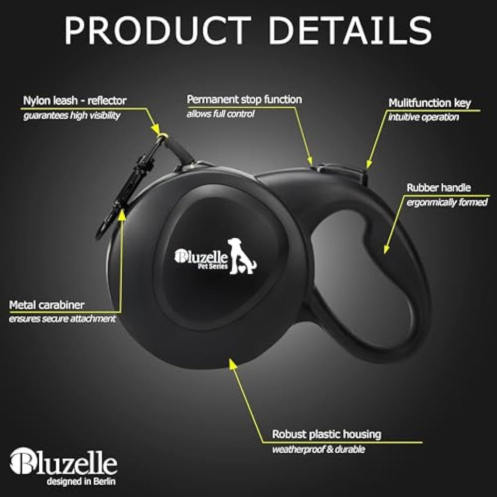 Bluzelle 8m Retractable Dog Leash – Reflective Neon Nylon for Dogs up to 50kg