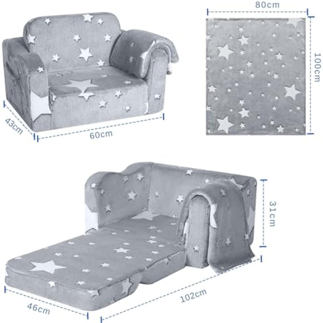 MeMoreCool Kids Fold Out Couch – Glow in The Dark Plush Toddler Sofa, Grey