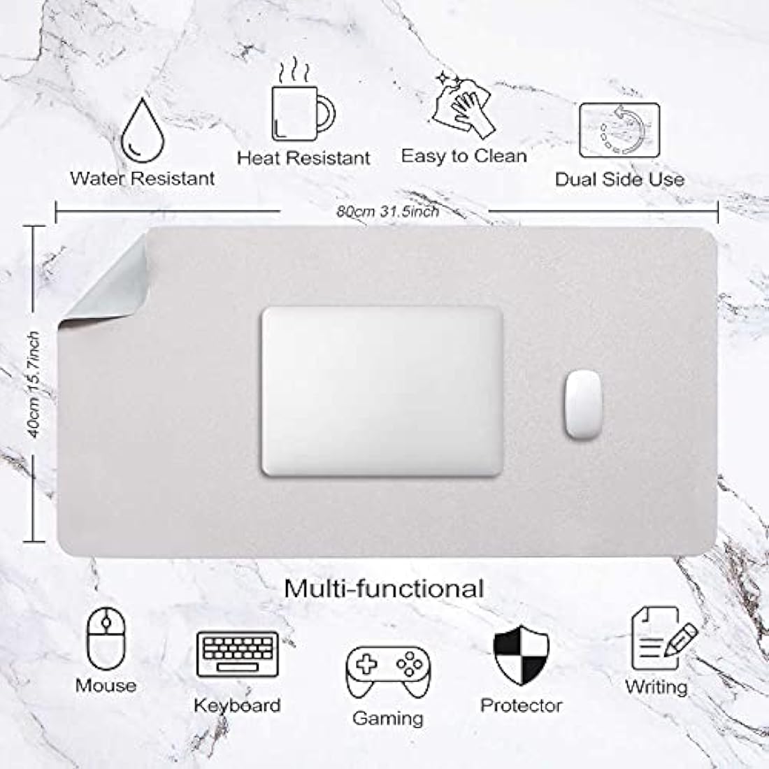 DOBAOJIA Large PU Leather Desk Pad | Waterproof Mouse Mat (Light Gray/Silver)