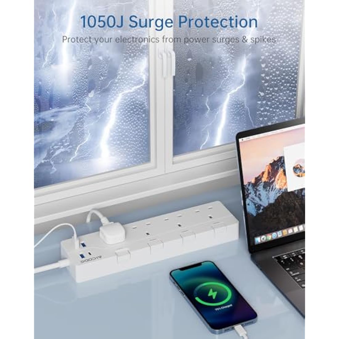 AICODE 4-Way Extension Lead with USB-C | 1.5M Surge Protected Power Strip