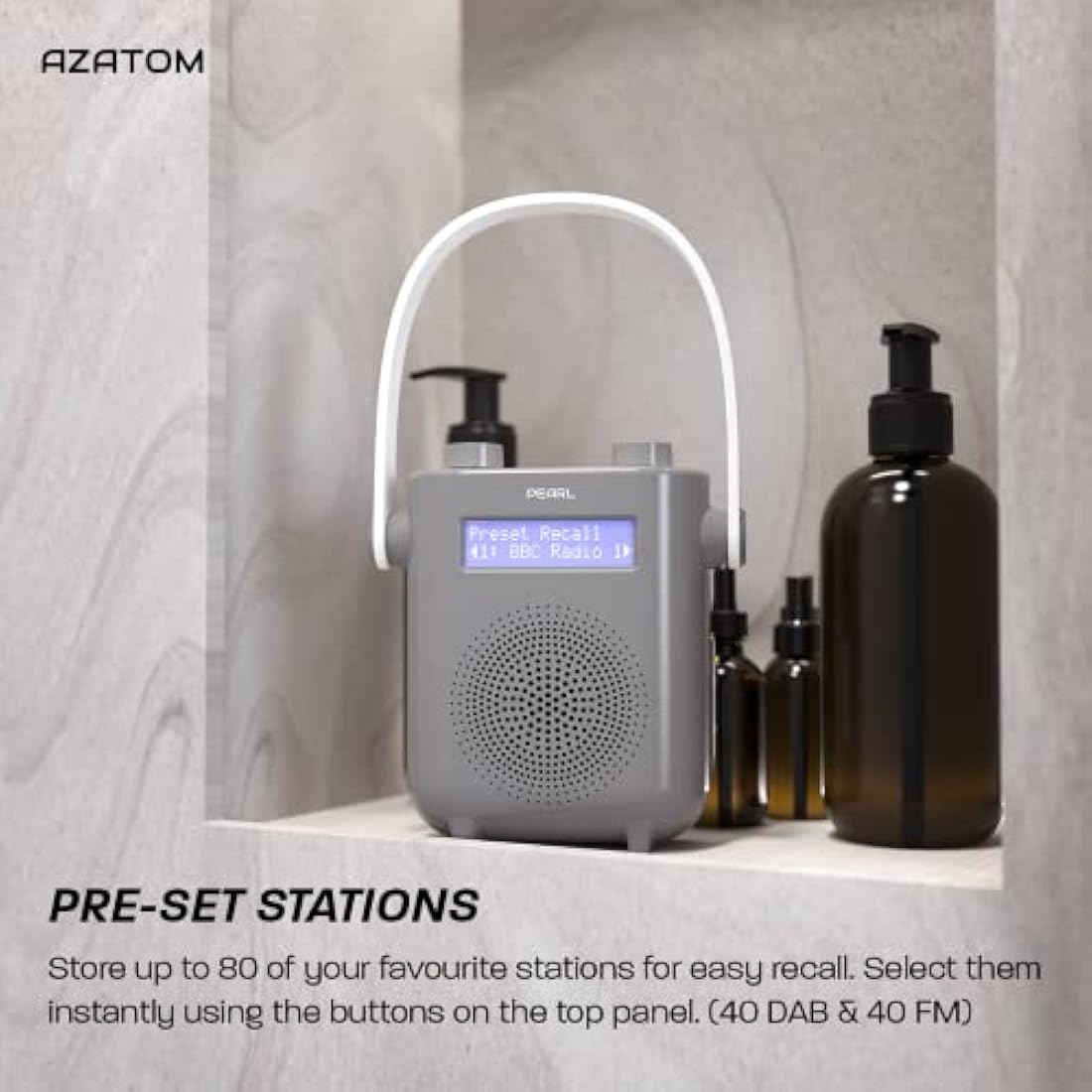 Azatom Pearl DAB/DAB+ Digital Shower Radio - IPX5 Waterproof Bluetooth - Grey