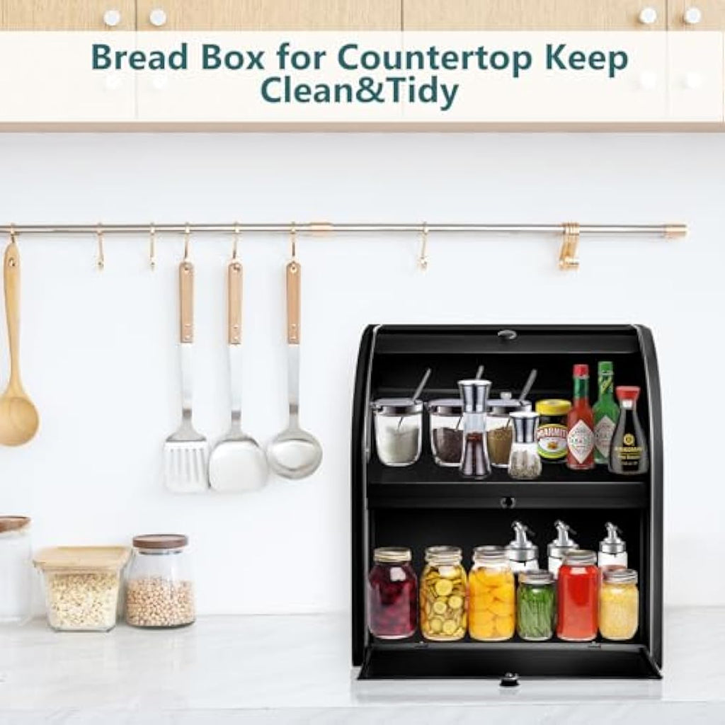 Dyserbuy 2-Layer Large Bread Bin | Black Stainless Steel Roll Top Box