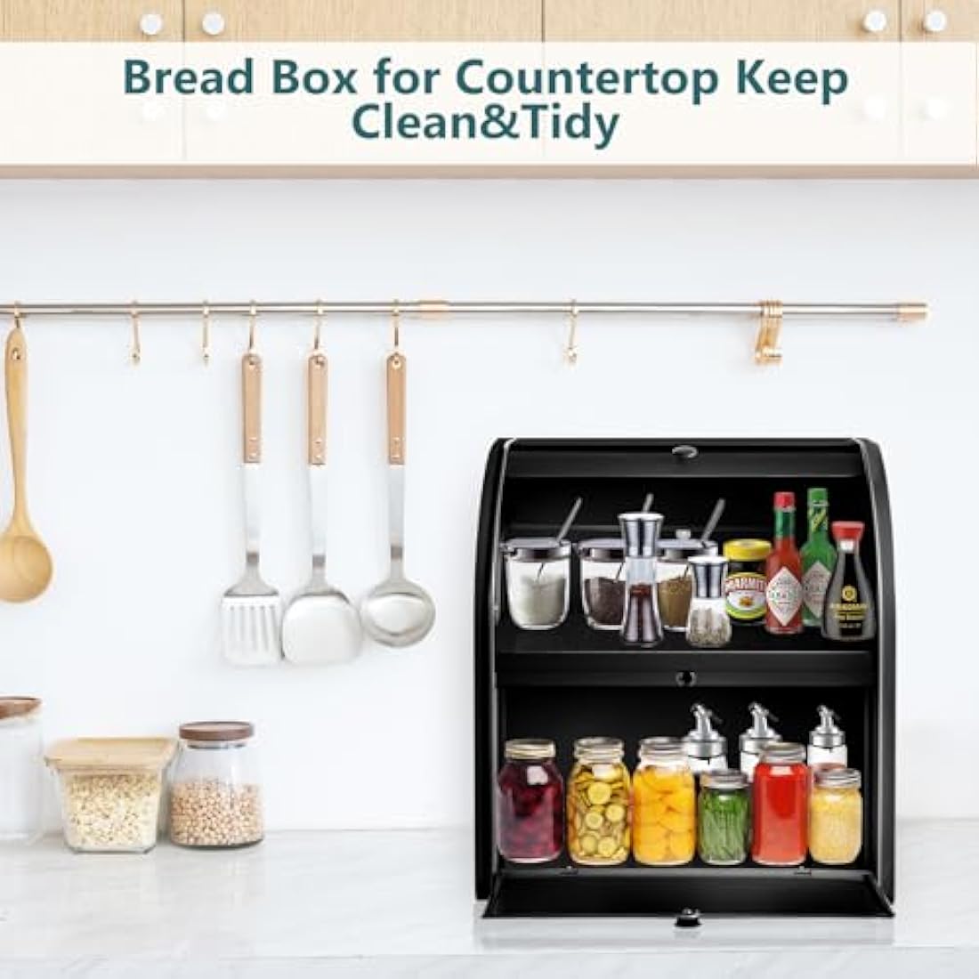 Dyserbuy 2-Layer Large Bread Bin | Black Stainless Steel Roll Top Box