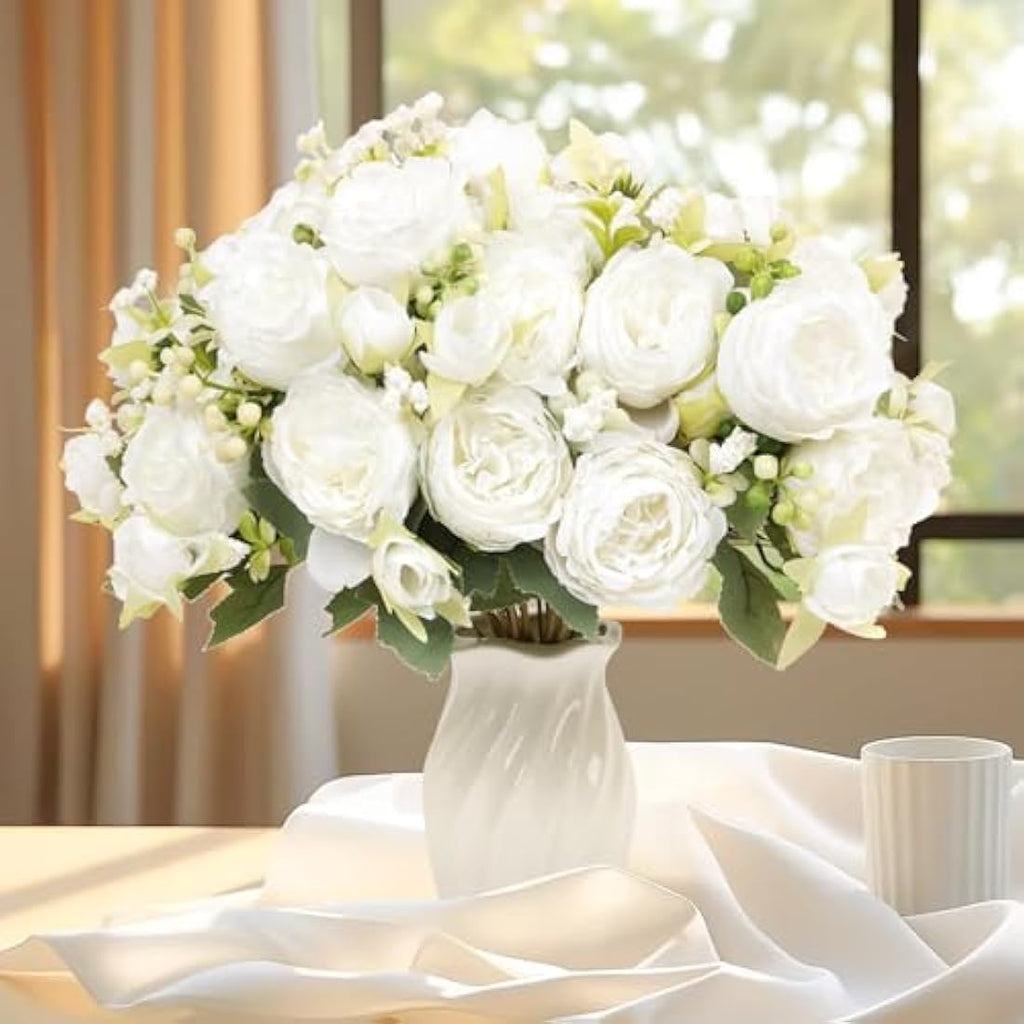 FADACHY White Real Touch Silk Peonies – 4 Bunches Artificial Flower Bouquet