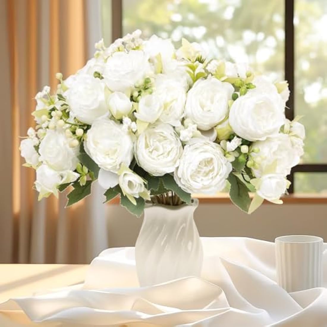 FADACHY White Real Touch Silk Peonies – 4 Bunches Artificial Flower Bouquet