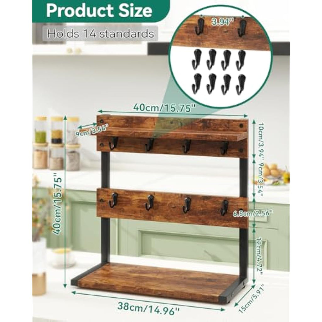 IBUYKE 2-Tier Coffee Mug Holder Stand – Rustic Brown 8-Cup Countertop Rack
