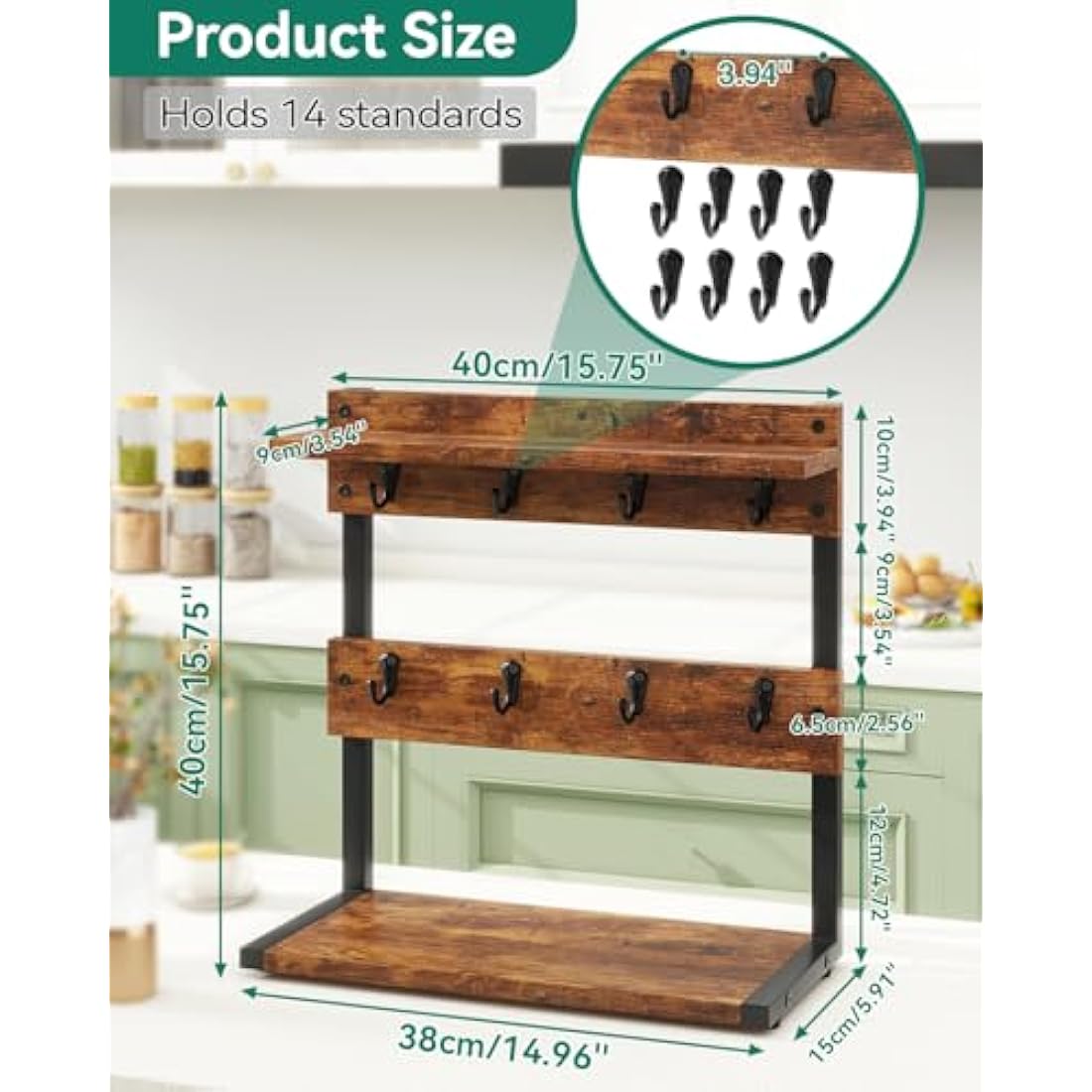 IBUYKE 2-Tier Coffee Mug Holder Stand – Rustic Brown 8-Cup Countertop Rack