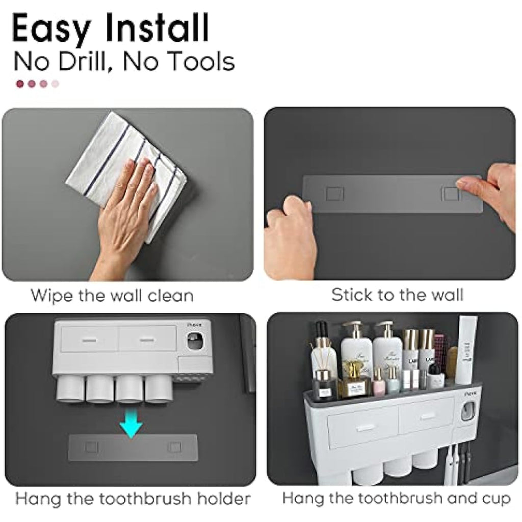 iHave Wall Mounted Toothbrush Holder with 4 Cups & Toothpaste Dispenser