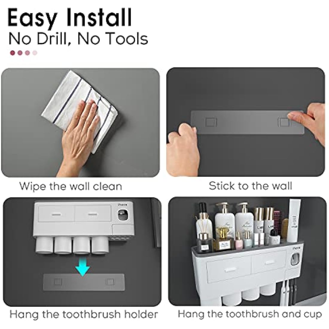 iHave Wall Mounted Toothbrush Holder with 4 Cups & Toothpaste Dispenser