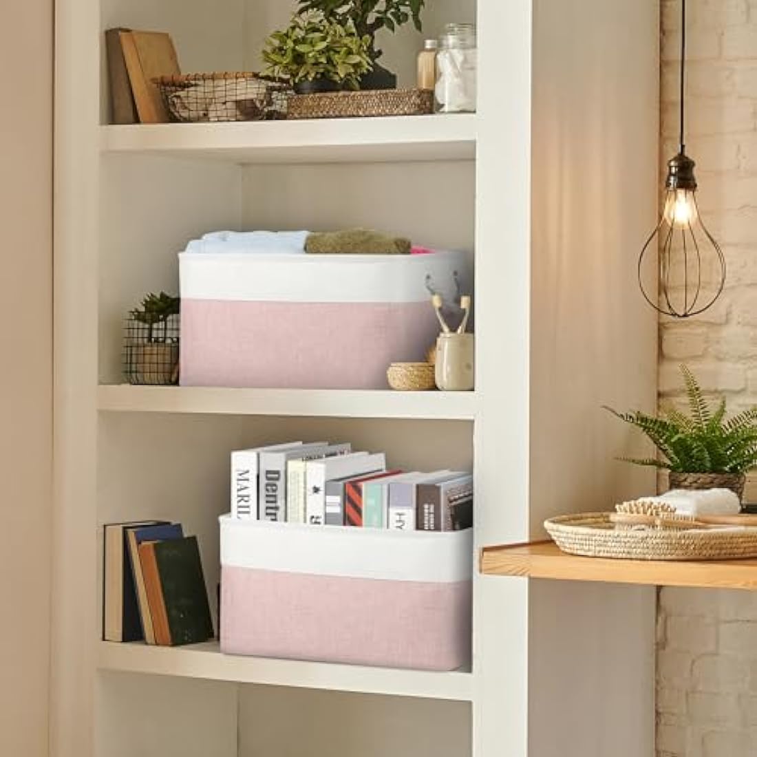 Fabric Storage Baskets for Shelves | 3-Pack Pink Linen Bins
