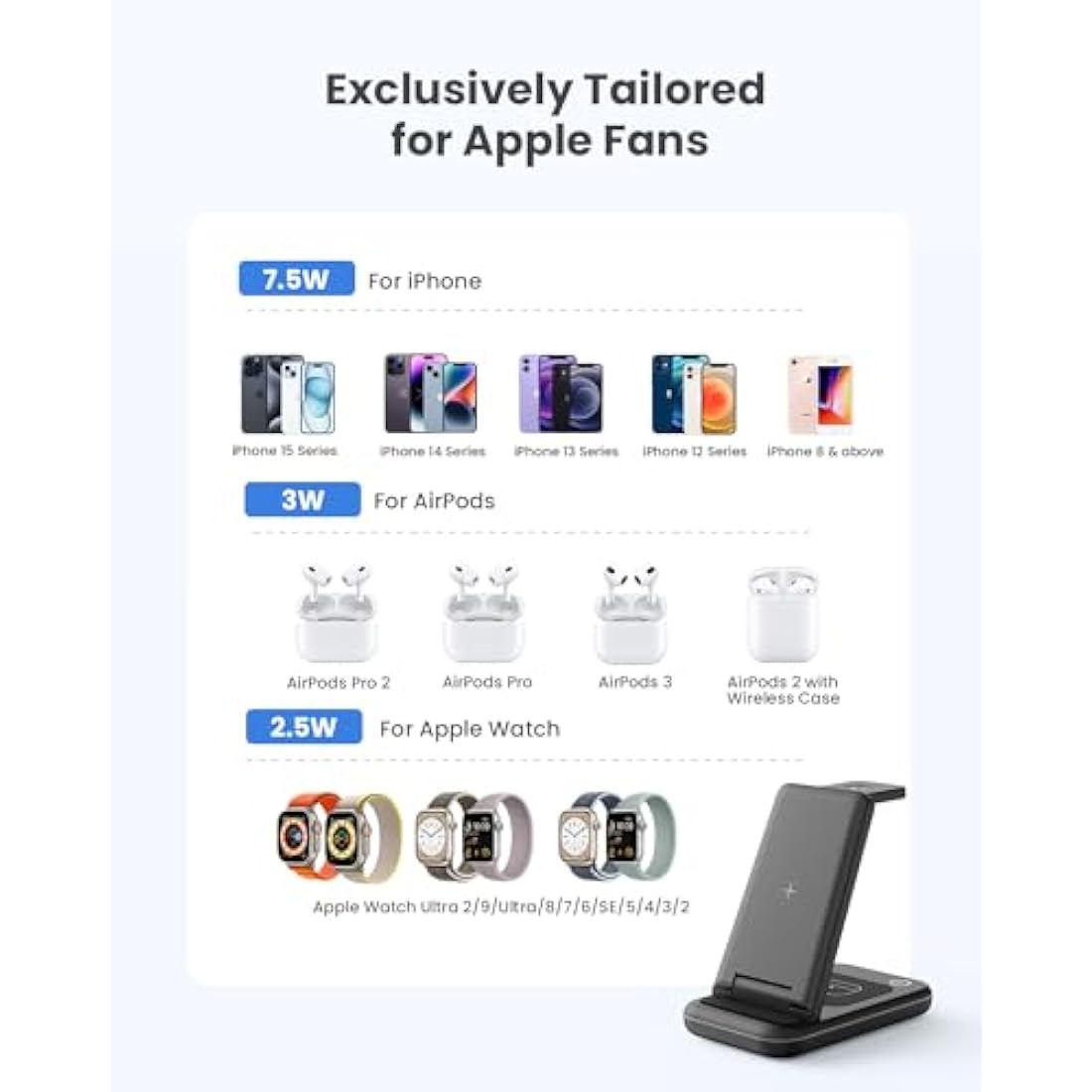GEEKERA 3-in-1 Wireless Charging Station for iPhone & Apple Watch