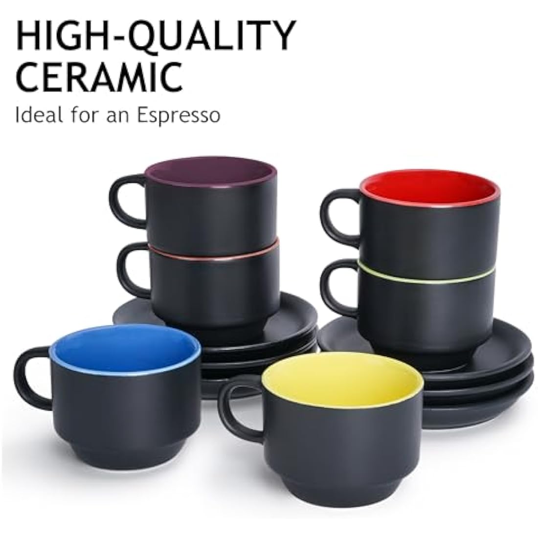 MIAMIO 75ml Espresso Cup Set of 6 | Matte Black Ceramic with Stand