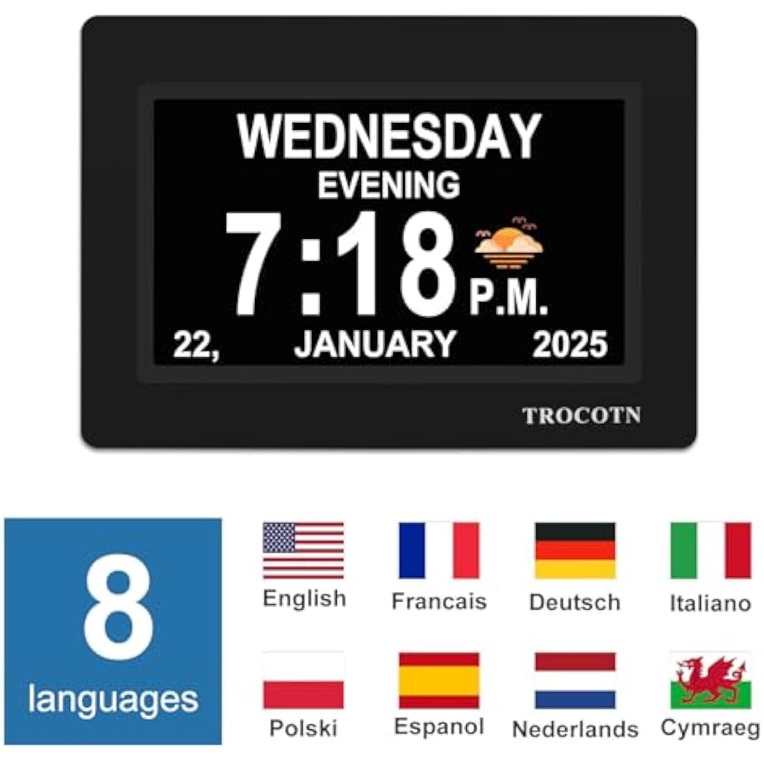 TROCOTN 7-Inch Digital Calendar Clock for Elderly – Large Day Date Display