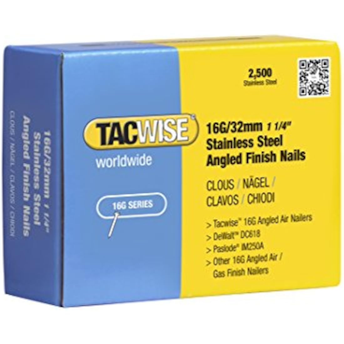 Tacwise 16G 32mm Stainless Steel Angled Finish Nails - 2500 Pack