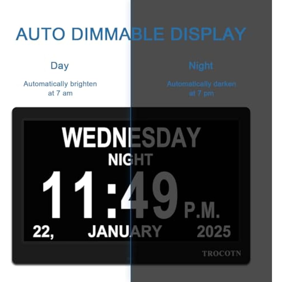 TROCOTN 10 Inch Digital Calendar Day Clock for Seniors - Large Display Black